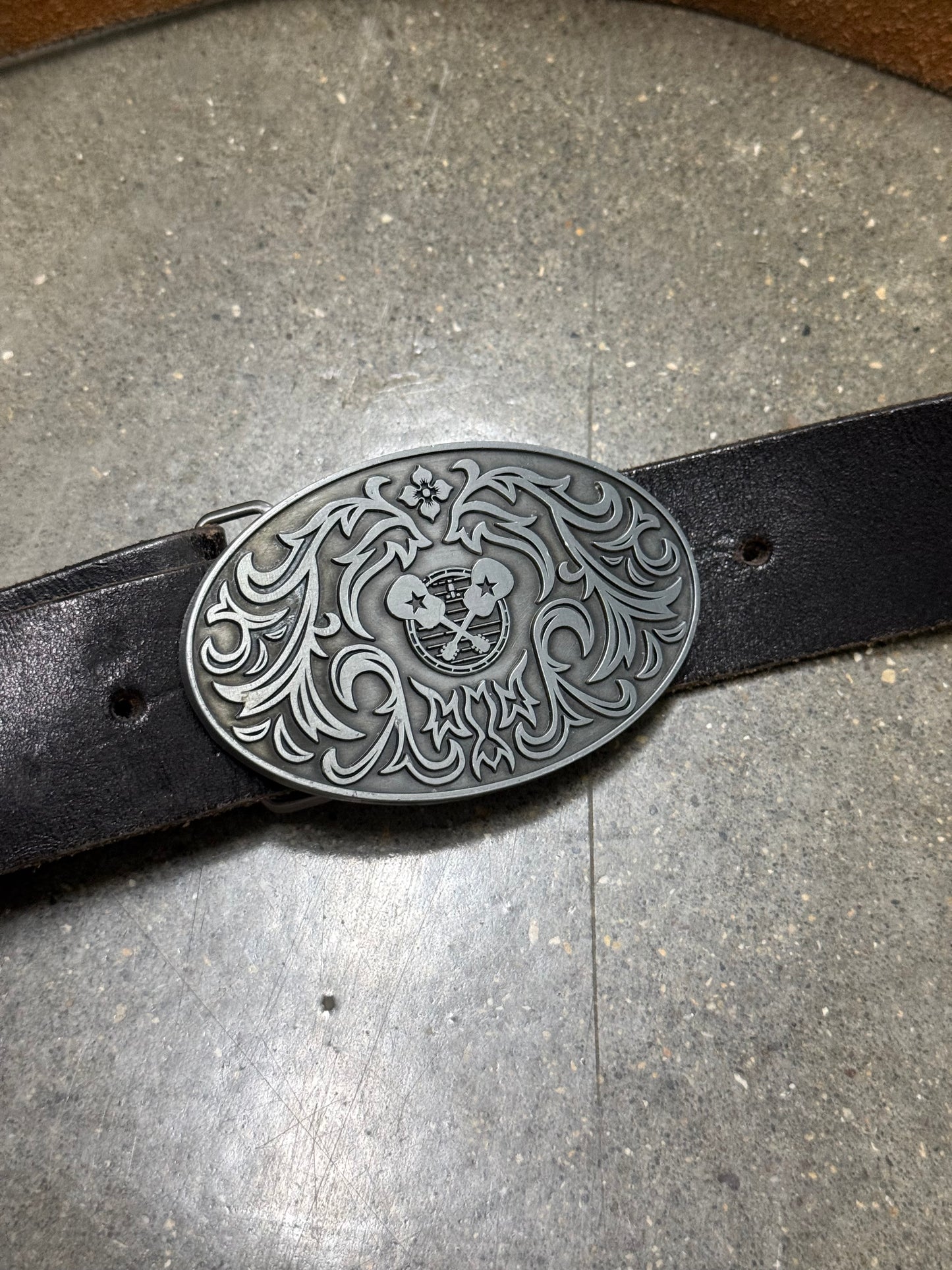 Vintage Made in USA Genuine Leather Western Belt with Guitar Buckle