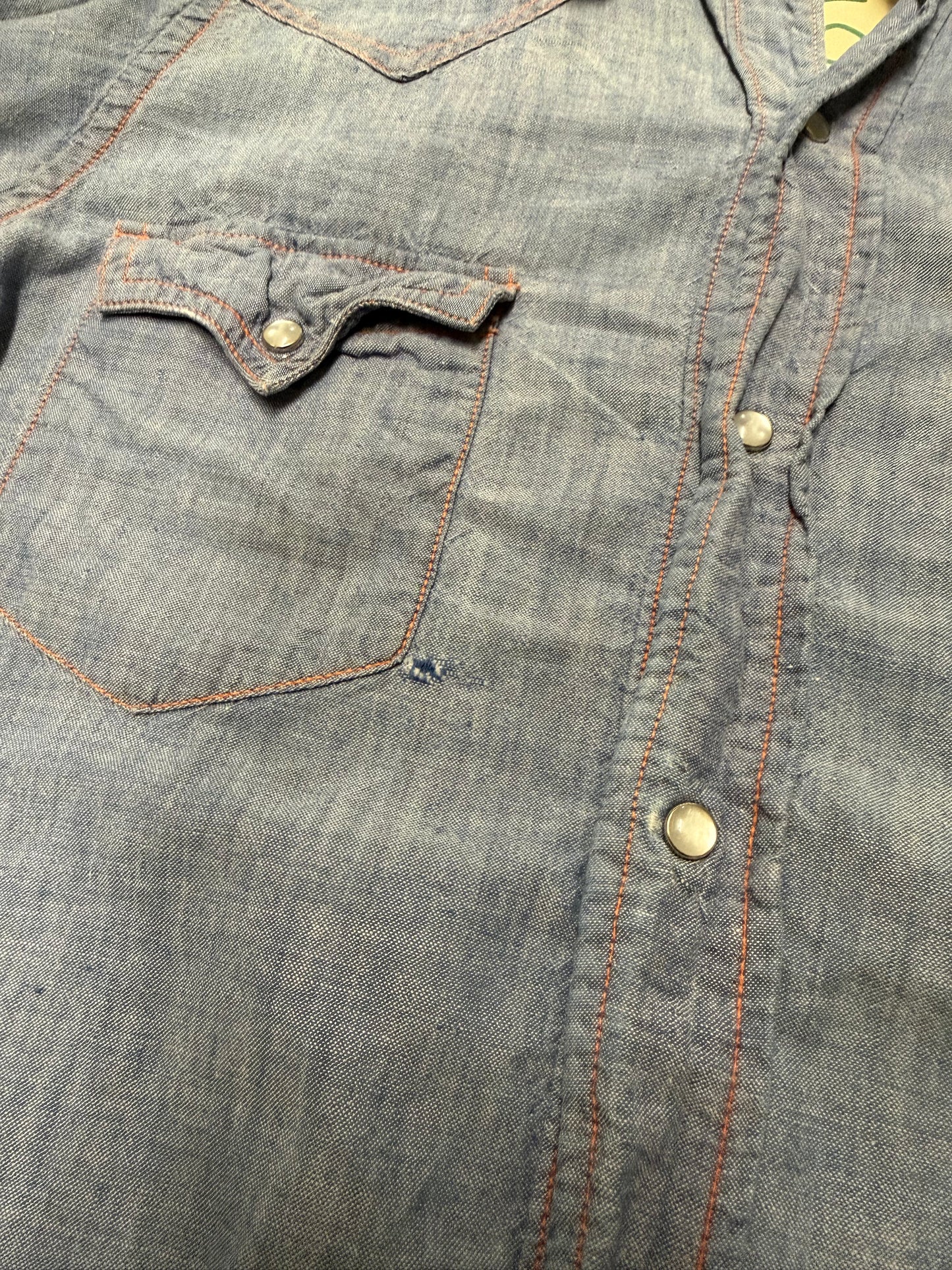Vintage Denim Pearl Snap Chain-stitched Button-Up Shirt
