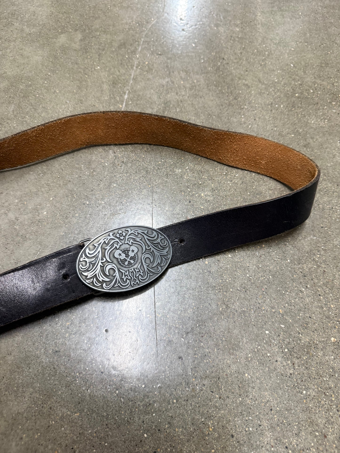 Vintage Made in USA Genuine Leather Western Belt with Guitar Buckle