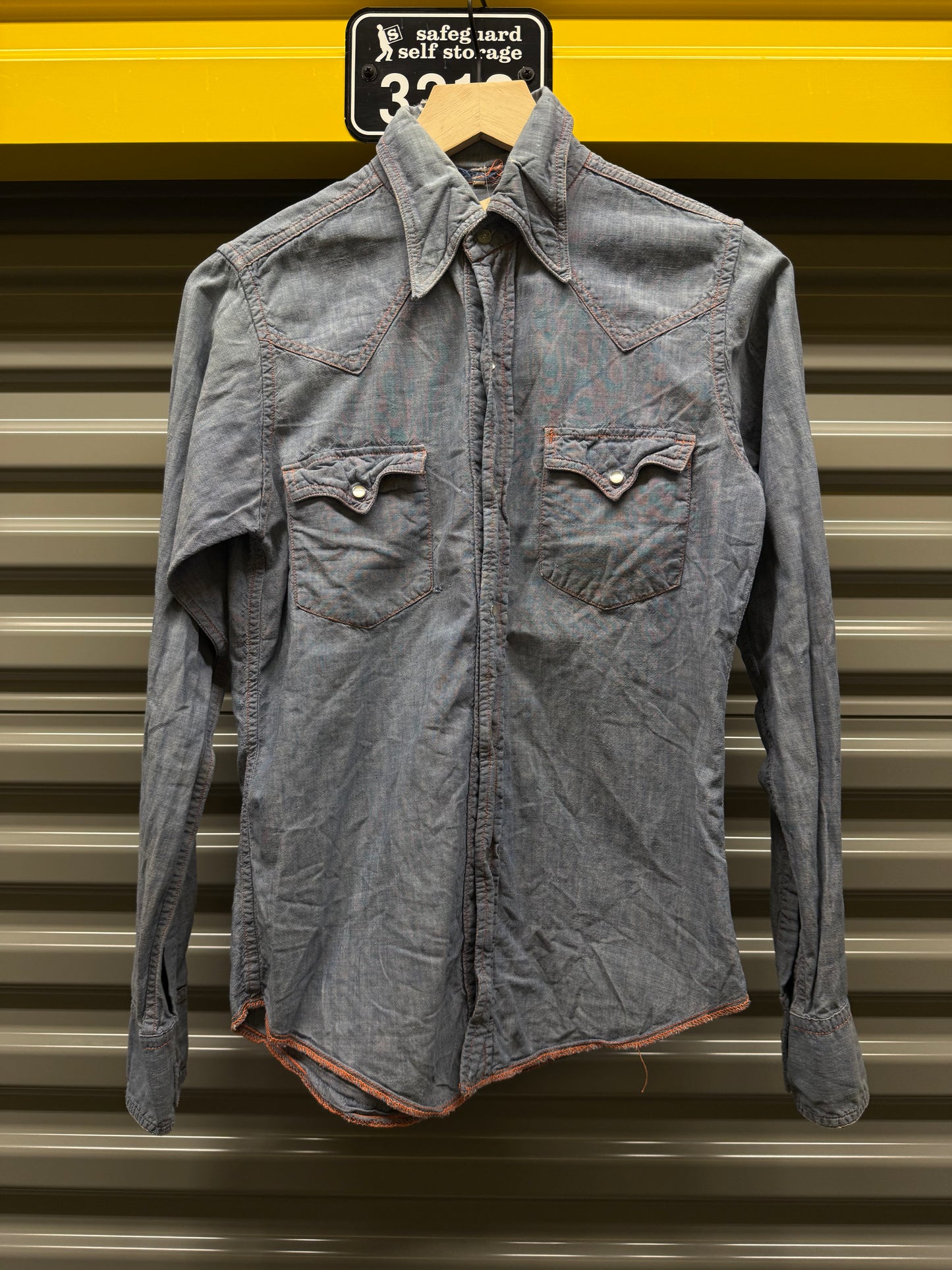 Vintage Denim Pearl Snap Chain-stitched Button-Up Shirt