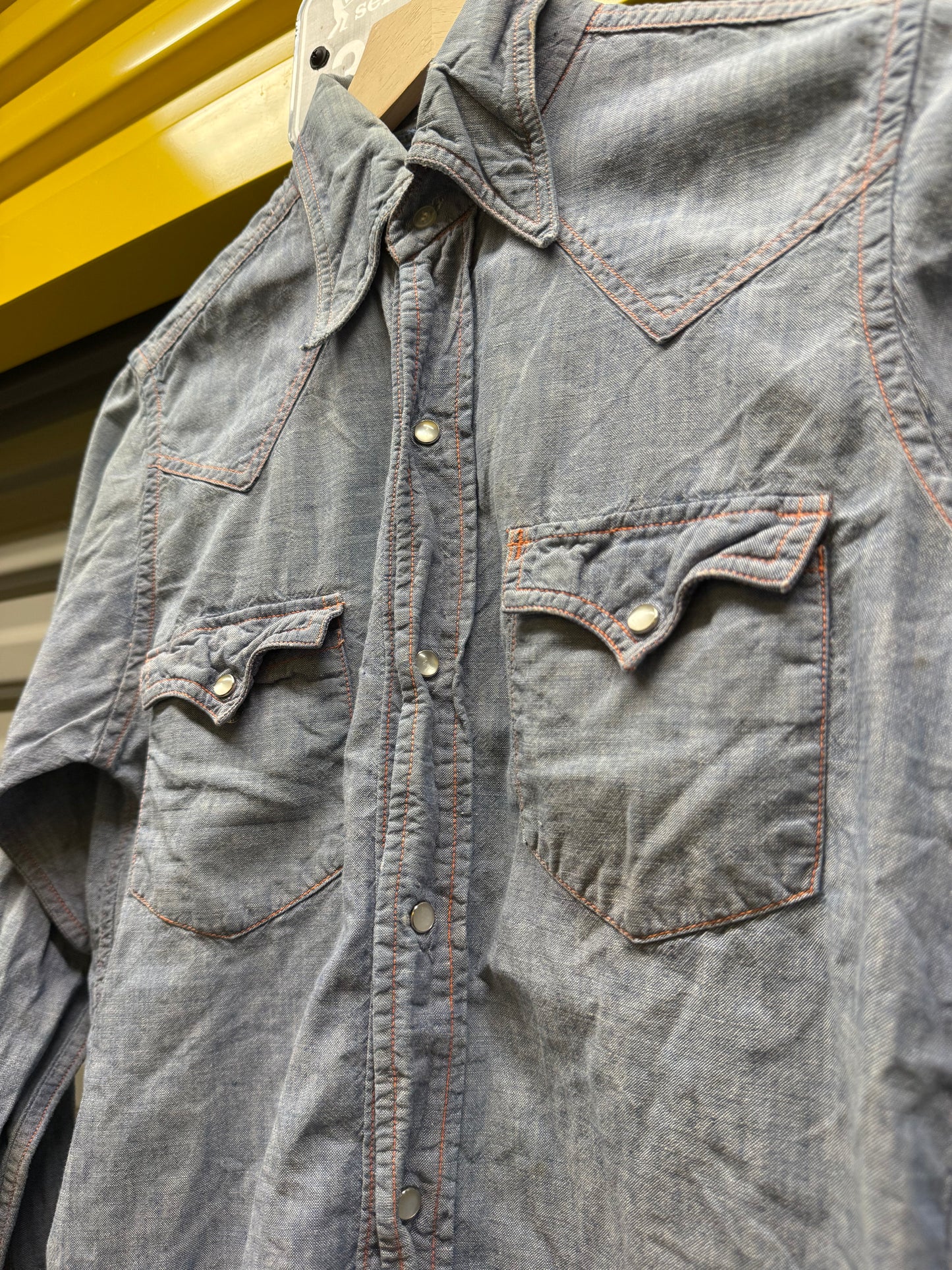 Vintage Denim Pearl Snap Chain-stitched Button-Up Shirt