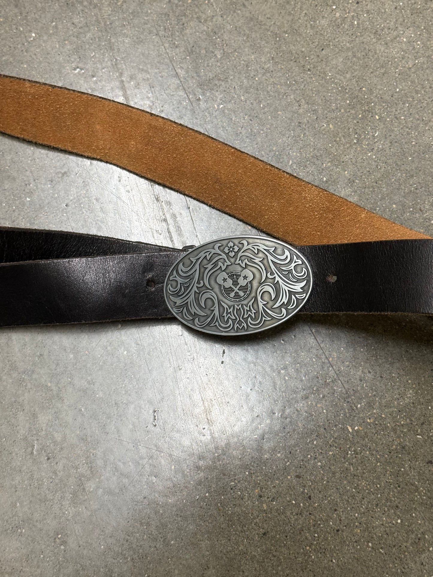 Vintage Made in USA Genuine Leather Western Belt with Guitar Buckle
